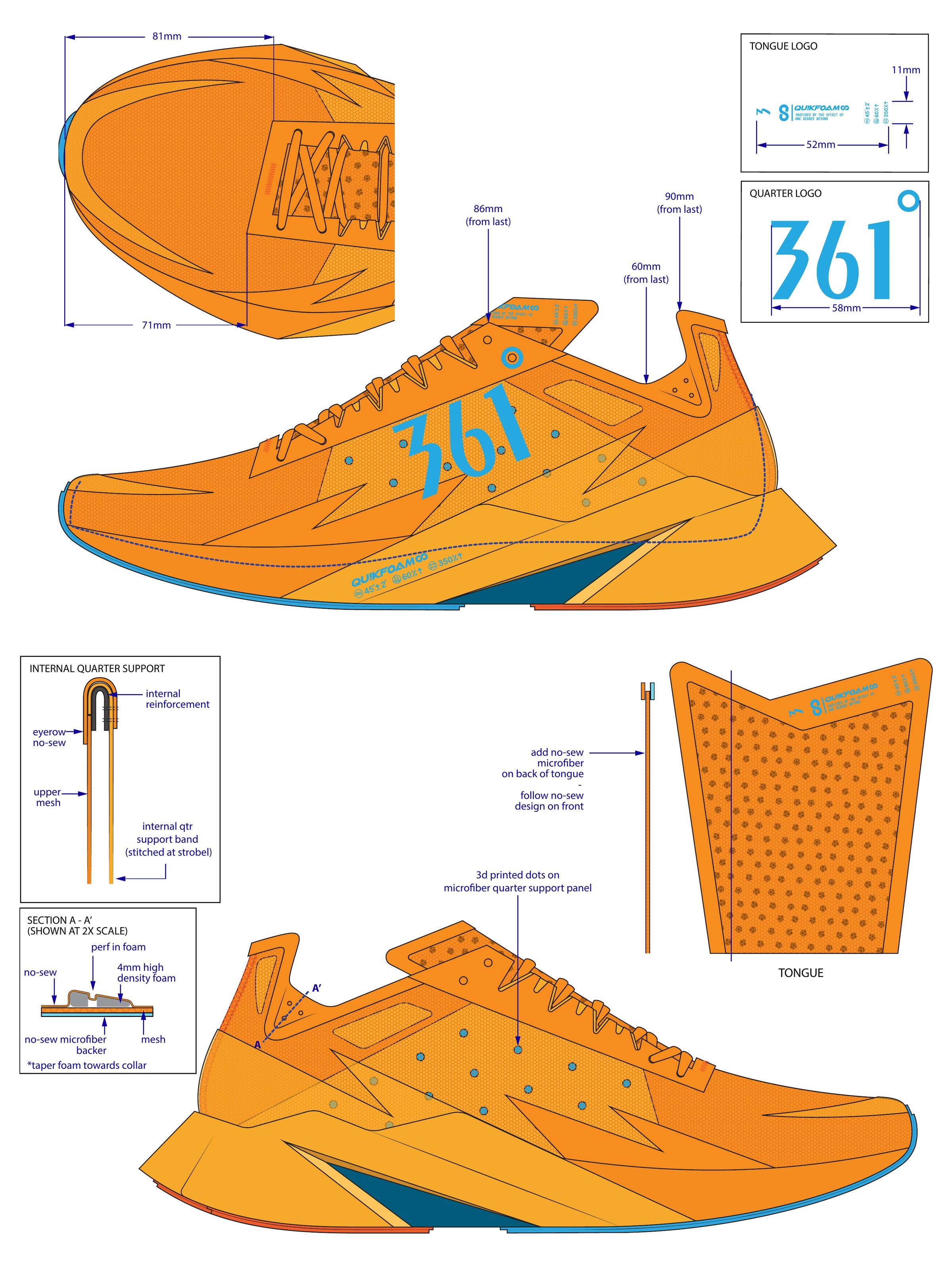 Tech pack for the Infinity Run on two stacked pages, a lateral view in orange with collar heights, tongue and quarter logo sizes, and a top view of the toe, then construction details for the internal quarter support, the tongue, and a foam section at the collar.