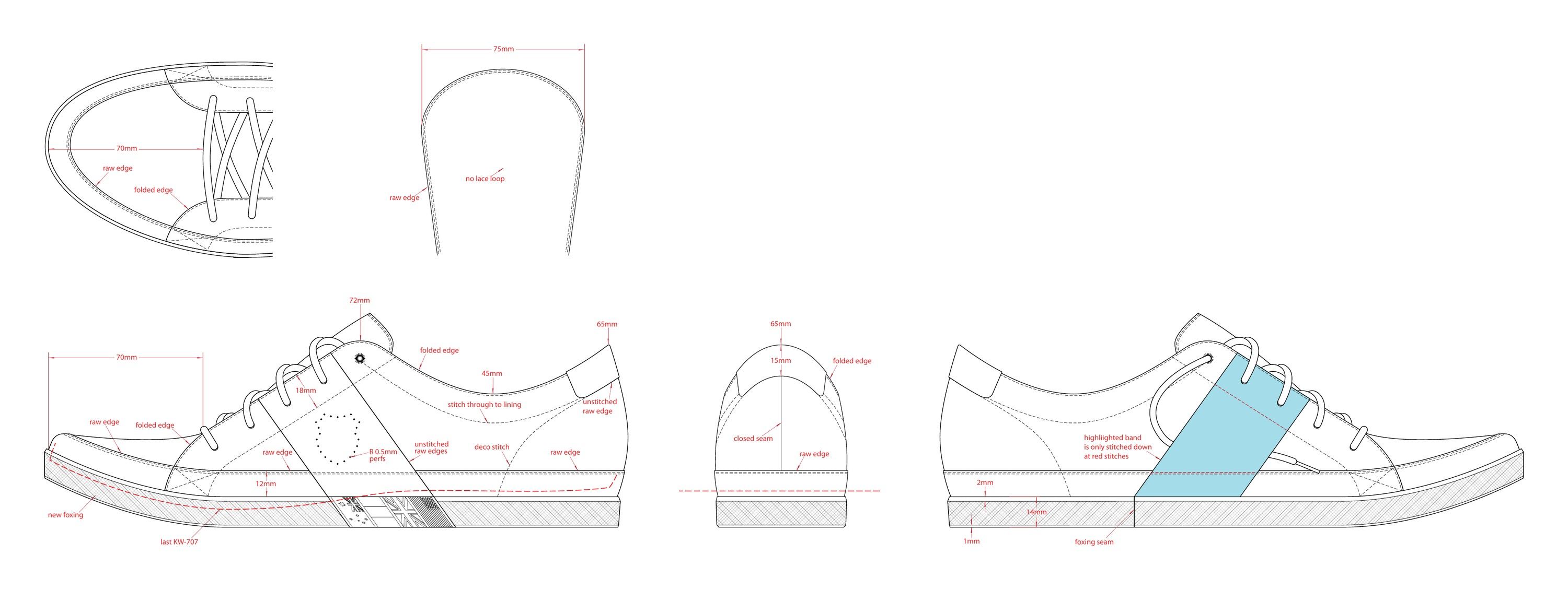 Tech pack for the City Tennis, with side, top, heel and toe line drawings and red measurements, the band shown in blue.