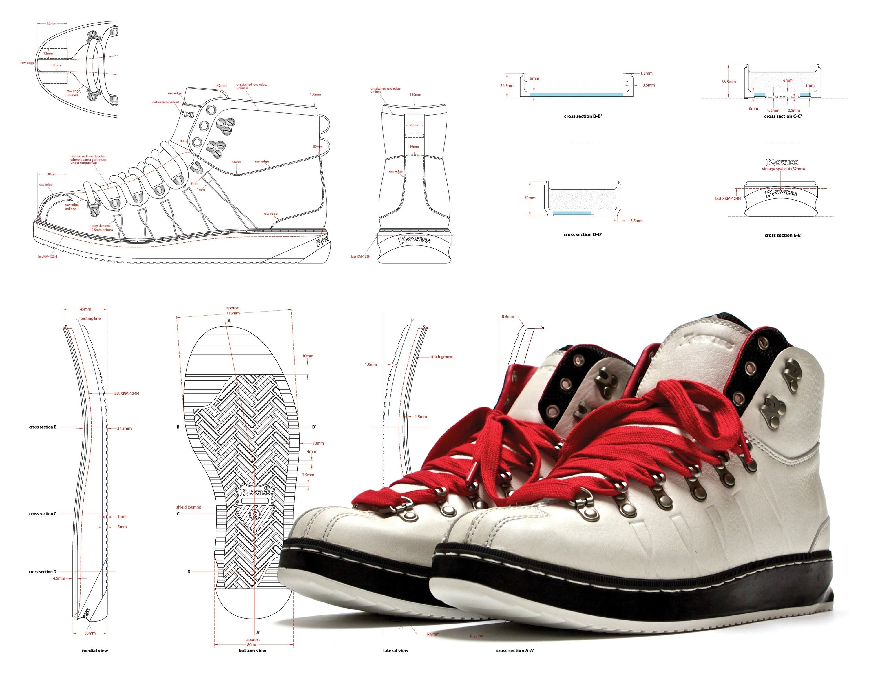 Tech drawings of the boot from the side, back and top, cross sections, sidewalls and the herringbone lug outsole, beside a pair of white boots with red laces.