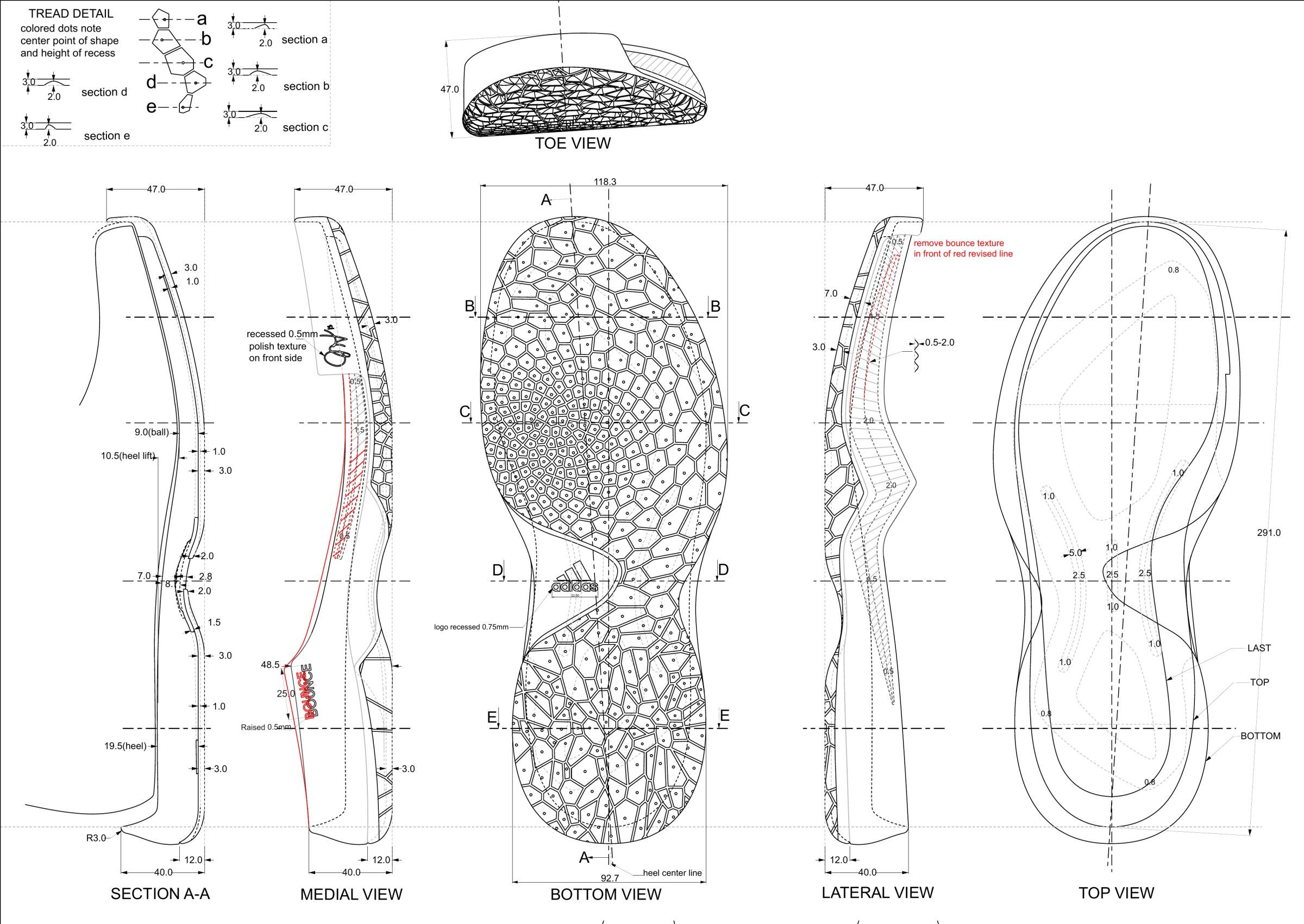 Outsole tooling drawing with medial, bottom, lateral, and top views and a radial traction pattern.