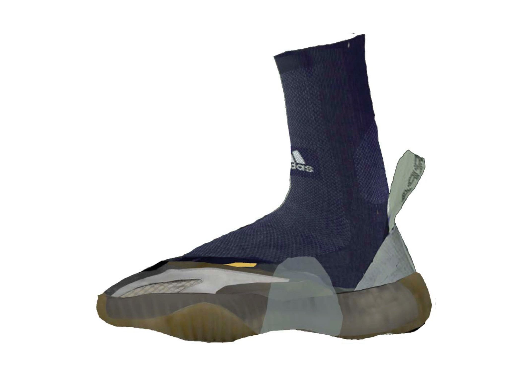 Version 2a Photoshop rendering, a navy knit sock with an adidas logo, a pale green heel tab and a gum cupsole.