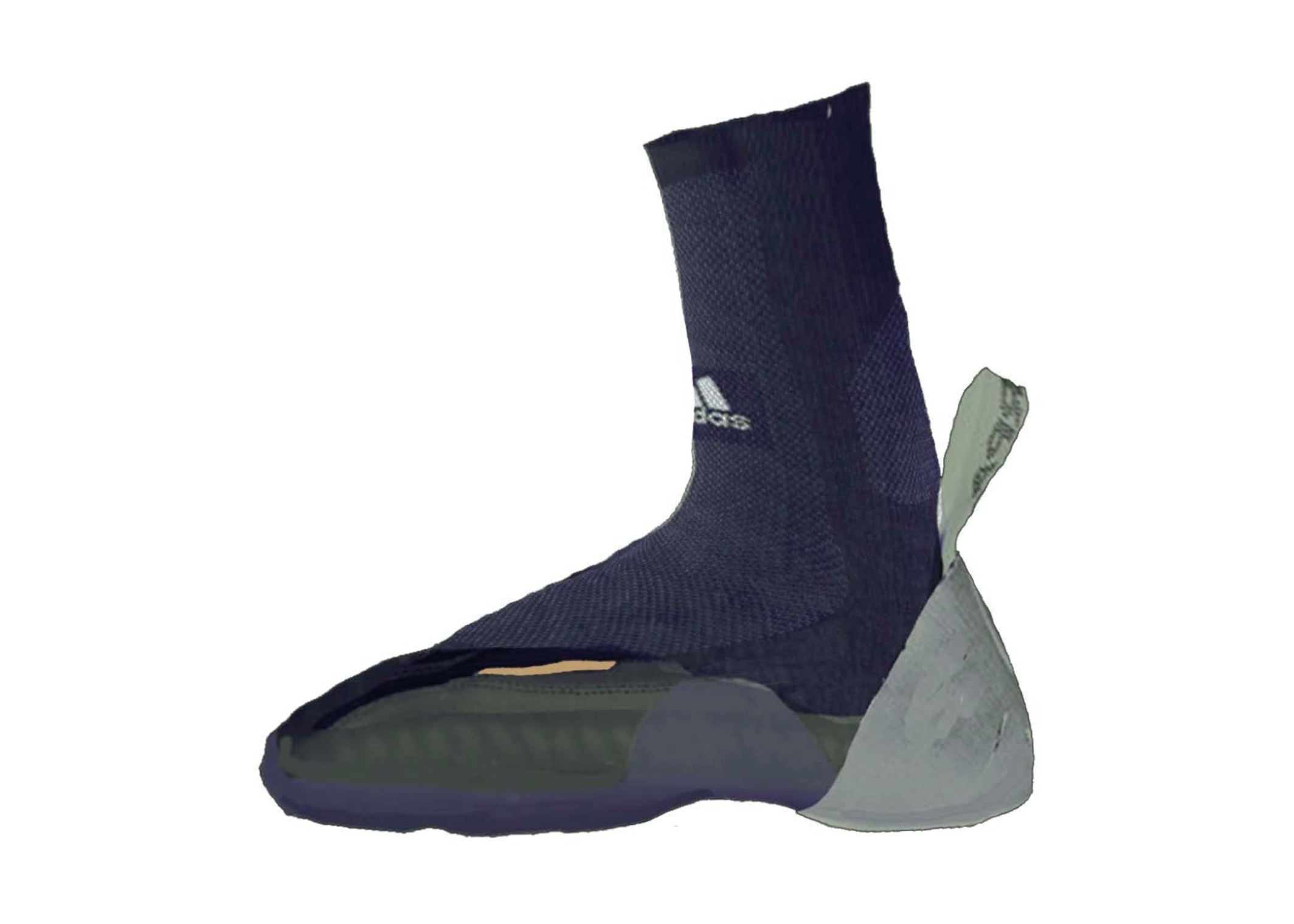 Version 2b Photoshop rendering in navy knit on a dark blue cupsole with a pale green heel.