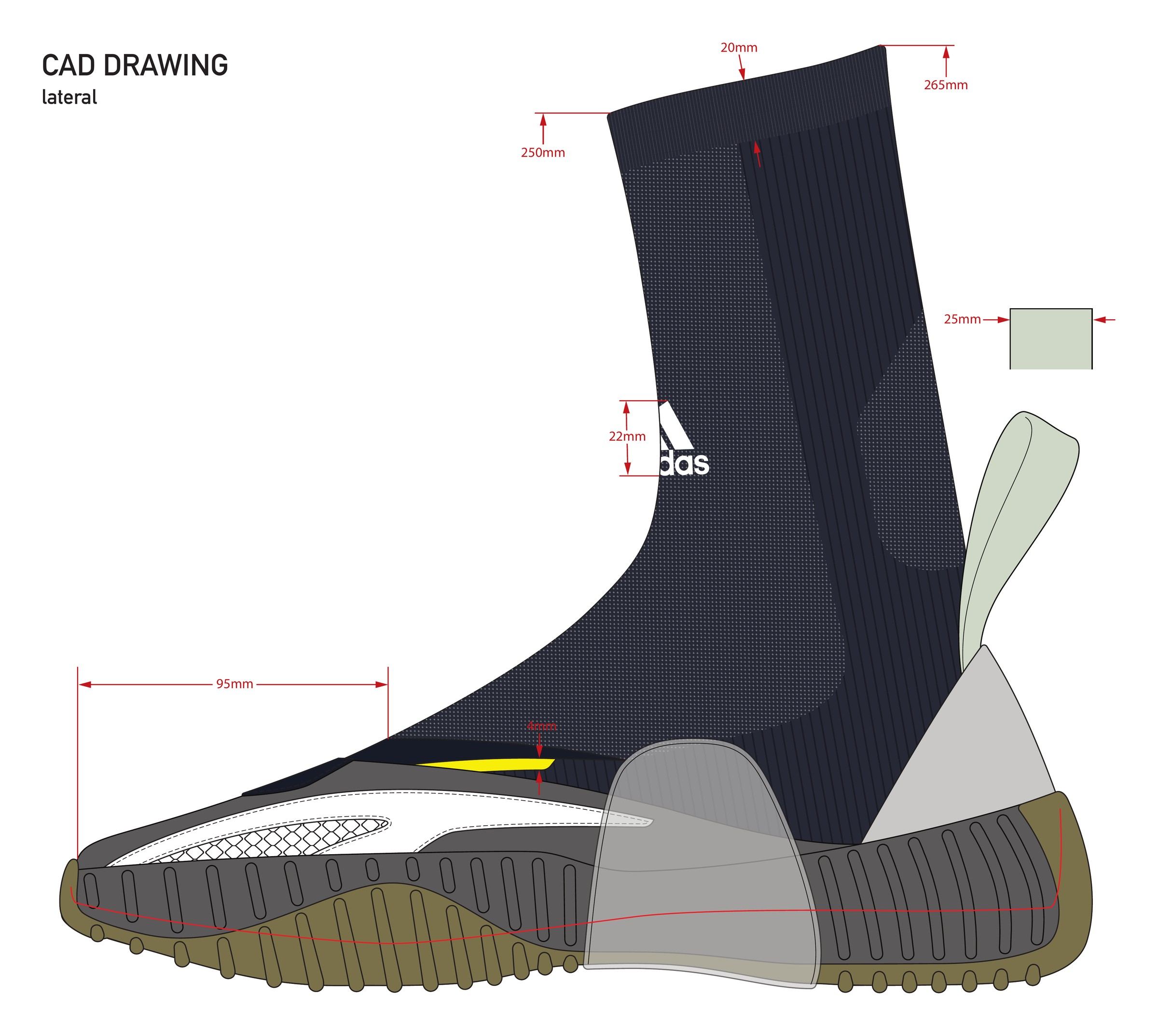 Version 2a CAD drawing, lateral, with collar heights, logo placement and a gum cupsole.
