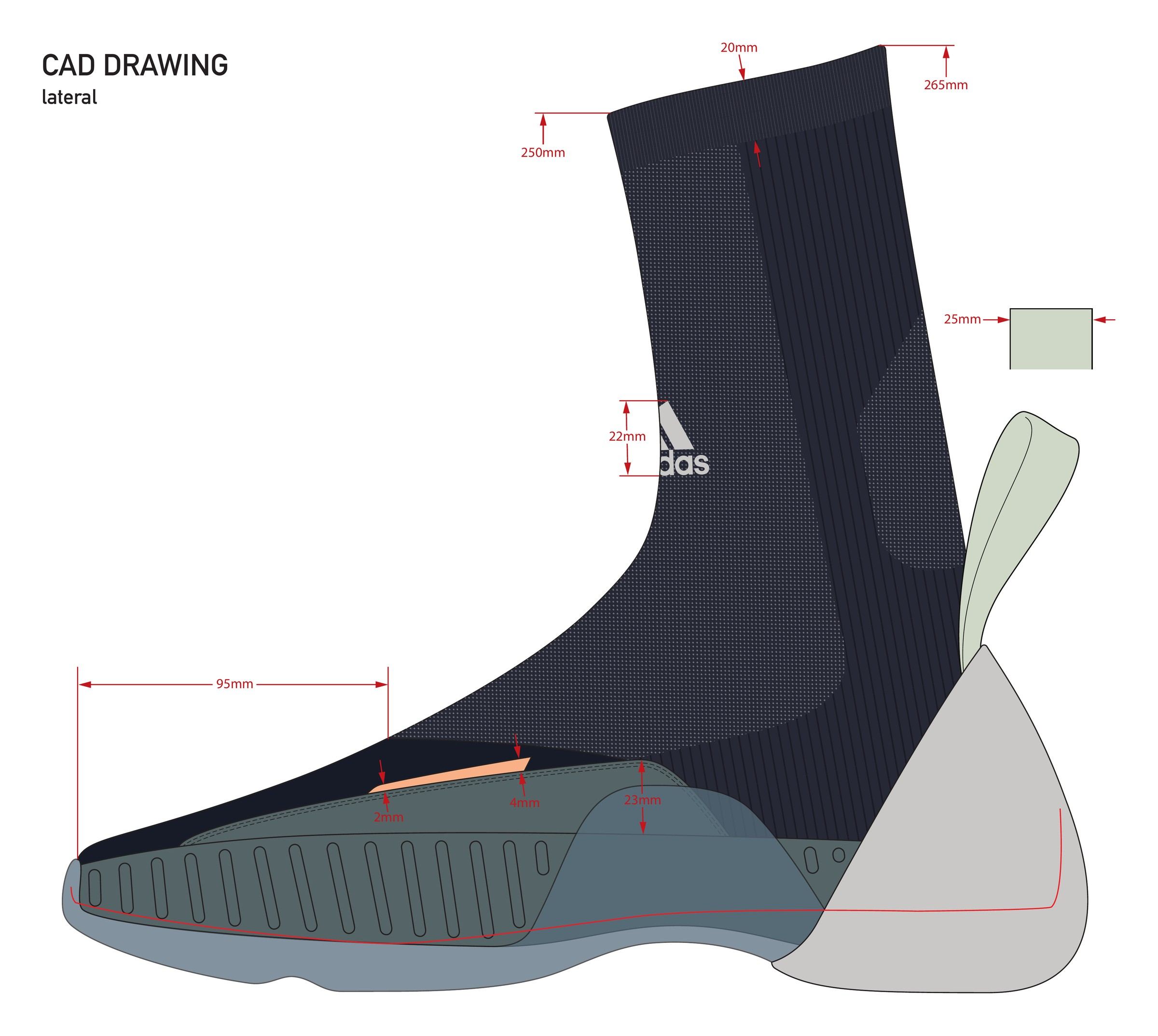 Version 2b CAD drawing, lateral, on a blue-grey cupsole.