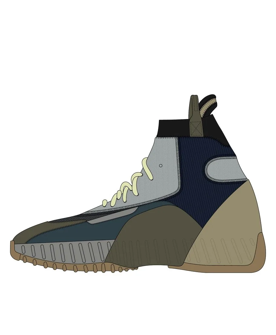 Version 1a rendering turning through a full rotation, in navy, grey and olive knit with cream laces, a strap at the collar and a gum cupsole.