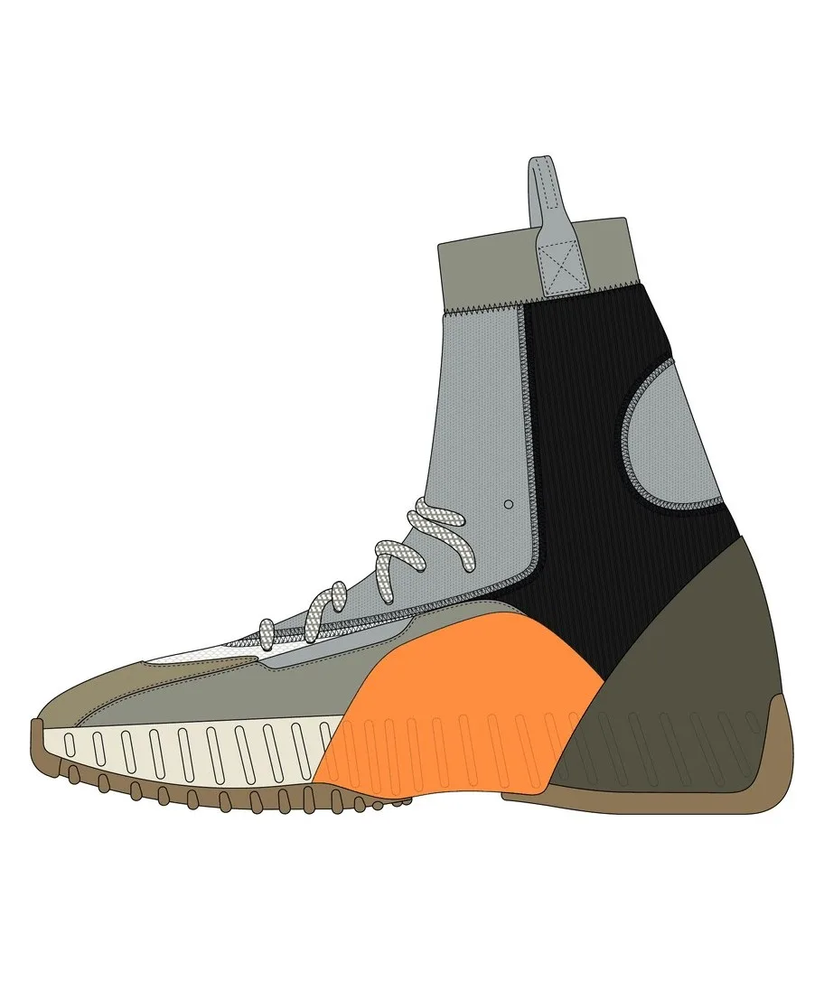 Version 1b rendering turning through a full rotation, in grey, black and olive with an orange midfoot panel and a pull loop at the collar.