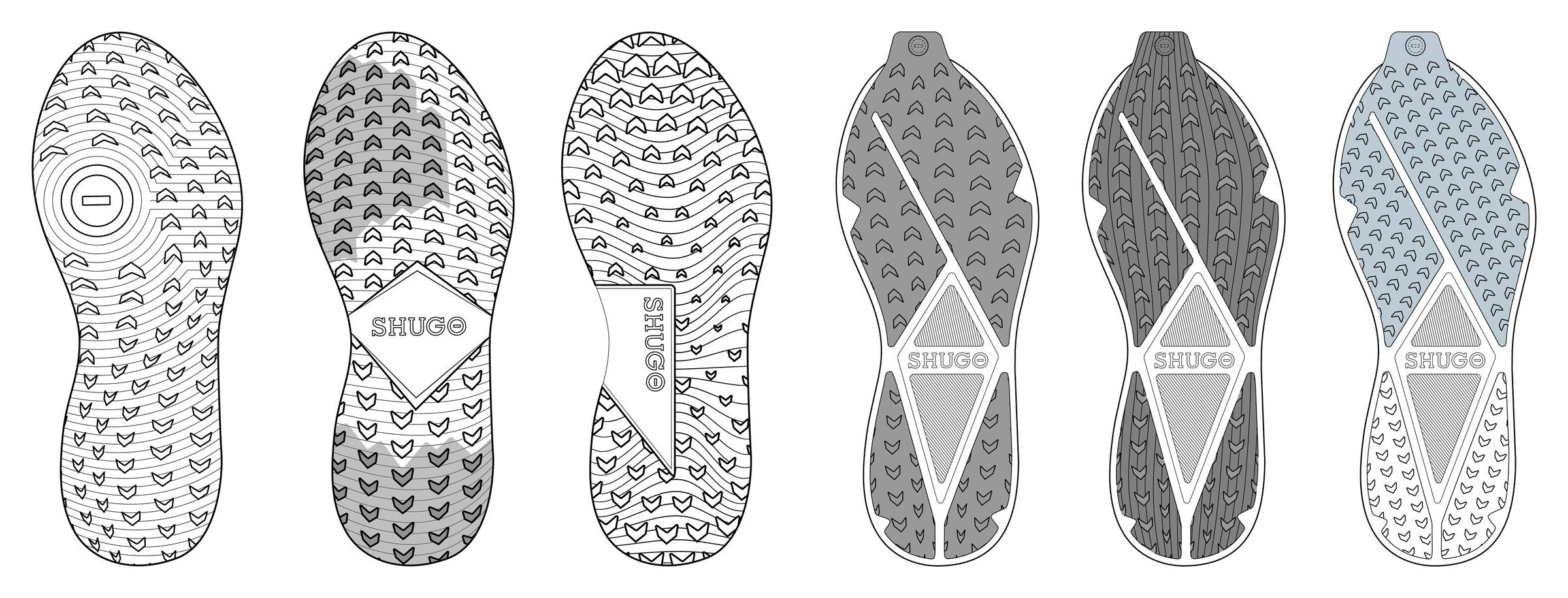 ZEN 2 tooling ideation, six outsole designs side by side with chevron and diamond traction patterns.