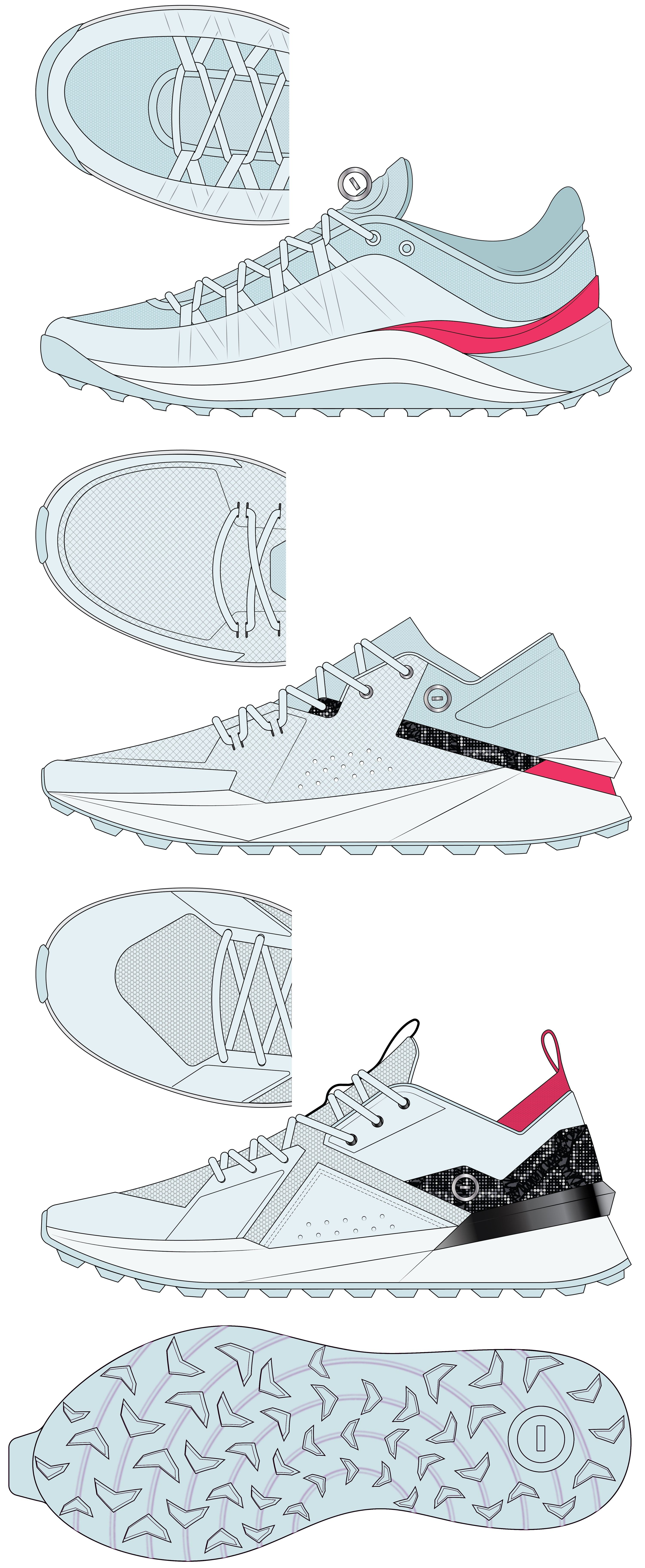 ZEN 2 second-round drawings, the Fluid, Geometric A, and Geometric B laterals stacked with top-view insets, above the outsole laid toe-left in matching icy blue with chevron lugs.